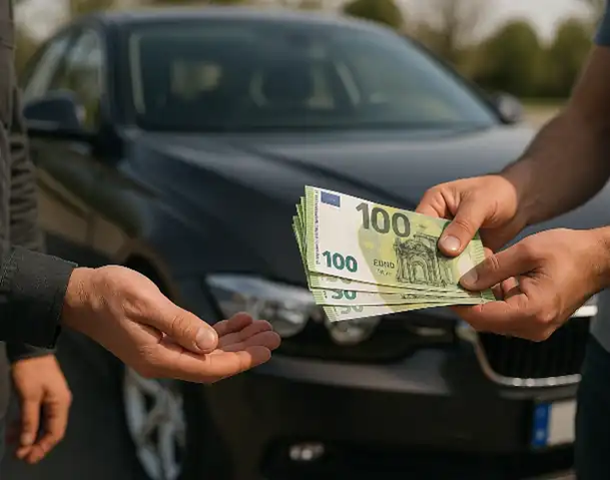 Ein zufriedener Kunde erhält Bargeld beim Autoankauf in Mannheim.